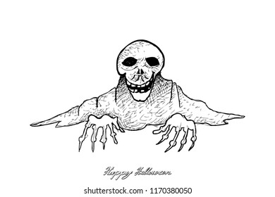 Holidays And Celebrations, Illustration Hand Drawn Sketch of Skeleton Evil Isolated on White Background. Sign For Halloween Festival.
