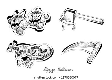 Holidays And Celebrations, Illustration Hand Drawn Sketch of Jack-o-Lantern Pumpkins, Devils and Halloween Items Isolated on White Background. Sign For Halloween Festival.
