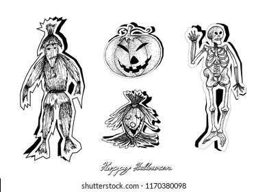 Holidays And Celebrations, Illustration Hand Drawn Sketch of Jack-o-Lantern Pumpkins, Scarecrow and Human Skeleton Isolated on White Background. Sign For Halloween Festival.

