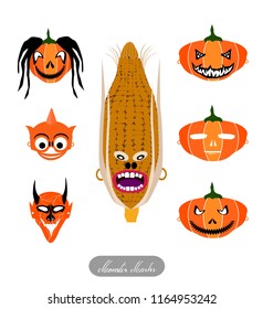 Holidays And Celebrations, Illustration Set of Ghost, Monsters and Evils Masks For Halloween Celebration Party.
