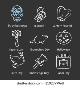 Holidays chalk icons set. Dia de los Muertos, March 8th, Lantern Festival, Father's, Groundhog, Labour, Knowledge, Earth Days, Halloween. Isolated vector chalkboard illustrations