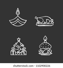 Holidays chalk icons set. Diwali, Thanksgiving Day, New Year, Easter. Isolated vector chalkboard illustrations