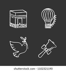 Holidays chalk icons set. Knowledge Day, Hajj, Festival of Balloons, Earth Day. Isolated vector chalkboard illustrations