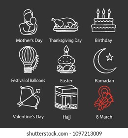 Holidays chalk icons set. Mother's and Valentine's Days, Birthday, Festival of Balloons, Easter, Ramadan, Hajj, March 8th, Thanksgiving Day. Isolated vector chalkboard illustrations