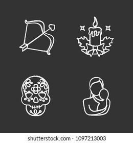 Holidays chalk icons set. St. Valentine's Day, Christmas, Dia de los Muertos, Mother's Day. Isolated vector chalkboard illustrations
