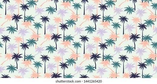 Holidays cheerful seamless pattern wallpaper of tropical palm trees in pink, green, purple on a light white background - Vector