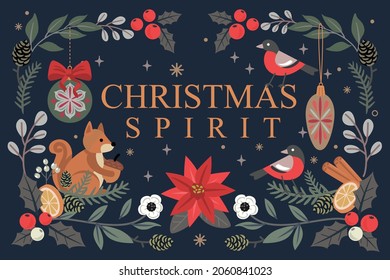 Holidays Christmas Card with bird and squirrel vector. Greeting ornate decoration