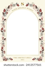 Holidays and Christmas card template with watercolor plants and flowers frame.Vector illustration.