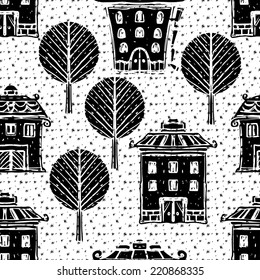 Holidays Christmas seamless pattern with trees, houses, snowflakes. Abstract winter ornament. Repeated background texture. Cloth design. Wallpaper