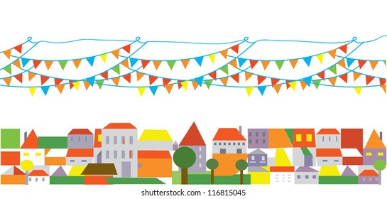 Holidays city with banner of flags background