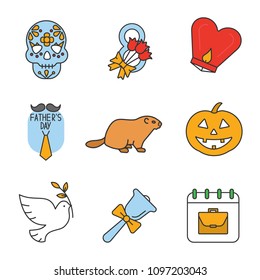 Holidays color icons set. Dia de los Muertos, March 8th, Lantern Festival, Father's, Groundhog, Labour, Knowledge, Earth Days, Halloween. Isolated vector illustrations