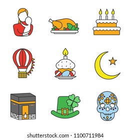 Holidays color icons set. Mother's and St. Patrick's Days, Birthday, Festival of Balloons, Easter, Ramadan, Hajj, Dia de los Muertos, Thanksgiving Day. Isolated vector illustrations