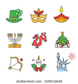 Holidays color icons set. St. Patrick's Day, Mardi Gras, Diwali, Hanukkah, Chinese New Year, Valentine's Day, July 4th, Christmas. Isolated vector illustrations