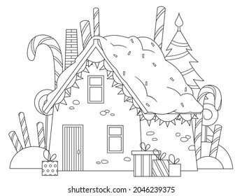 Holidays coloring page with cute small house and winter decorations. Line art house and sweets, presents. Christmas and New Year composition