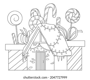 Holidays coloring page with cute small house and winter decorations. Line art house and sweets, presents. Christmas and New Year composition