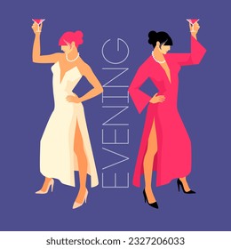 Holidays concept, cocktail  party. Two dancing female characters in evening dresses, with glasses of wine in their hands. Vector illustration