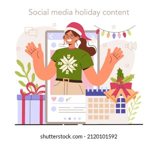 Holidays content. Social media content manager guidance. How create visual content. Digital promotion technology. Flat vector illustration