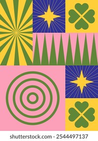 Holidays Cute Composition with Geometry Elements. Playful Grid for kids. Retro ornament. Print for social media. Simple shape with hearts. Green and pink colors. For banners, posters, packaging 