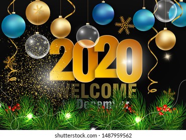 Holidays Decorative Greeting Card for Winter Happy Holidays.Fir-tree Branches frame with Lettering.3d Balls, Lettering calligraphy,light garland,serpentine,sparkle for greeting card, poster,invitation