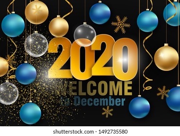 Holidays Decorative Greeting Card for Winter Happy Holidays.Fir-tree Branches frame with Lettering.3d Balls, Lettering calligraphy,light,serpentine,sparkle for greeting card, poster,invitation