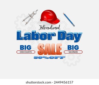 Holidays, design background with 3D and handwriting texts, gear mechanism contour and work helmet for Labor day, sales, commercial event; Vector illustration 