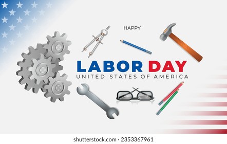 Holidays, design background with gear mechanism, different tools and accessories and national flag colors for celebration of Labor day in America; Vector illustration 