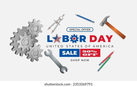 Holidays, design background with gear mechanism, different tools and accessories and national flag colors for American, Labor day, sales, commercial event; Vector illustration