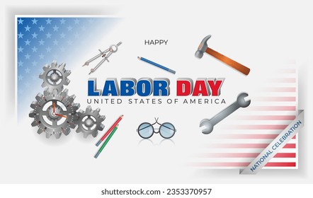 Holidays, design background with gear mechanism, different tools and accessories and national flag colors for celebration of Labor day in America; Vector illustration  