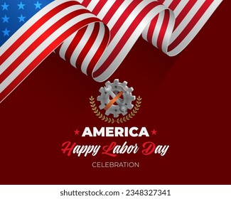 Holidays, design background with handwriting, 3d gear mechanism, hammer and wrench and national flag colors for celebration of Labor day in America; Vector illustration