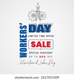 Holidays, design background with handwriting and 3D texts, compass and gear mechanism for International Workers' day sales and commercial events; Vector illustration.