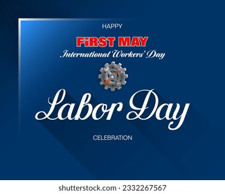 Holidays, design background with handwriting texts, hammer and wrench on mechanism for celebration of First May International Labor day; Vector illustration 