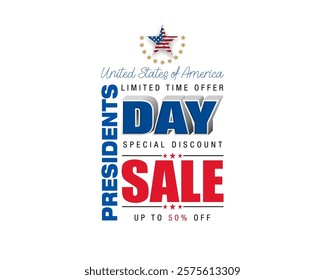 Holidays, design, background with handwriting texts and national flag colors for American Presidents Day, sales and commercial event; Vector illustration.