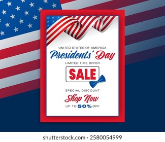 Holidays, design, background with handwriting texts and national flag colors for American Presidents Day, sales and commercial event; Vector illustration.