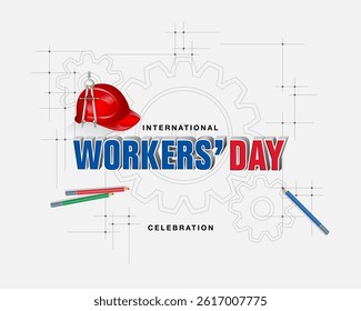 Holidays, design background with handwriting texts, safety helmet and compass for celebration of International Workers' day; Vector illustration.