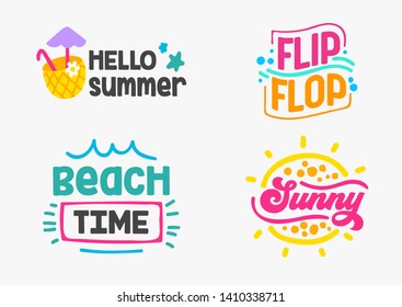 Holidays Design Badges with Doodle Elements and Typography Set. Vacation, Party, Travel, Tropical Paradise, Adventure. Ad Posters Hello Summer, Sunny, Flip Flop, Beach Time Cartoon Vector Illustration