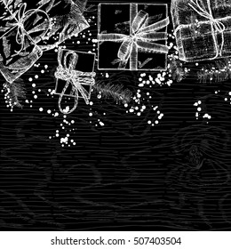 Holidays design template. Hand drawn Christmas and New Year mock up for invitation text. Black and white card. Vector.