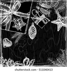 Holidays design template. Hand drawn Christmas and New Year mock up for invitation text. Black and white card. Vector.