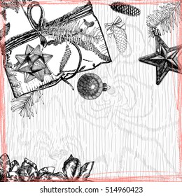 Holidays design template. Hand drawn Christmas and New Year mock up for invitation text. Vector.