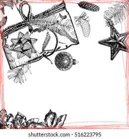 Holidays design template. Hand drawn Christmas and New Year mock up for invitation text. Vector.