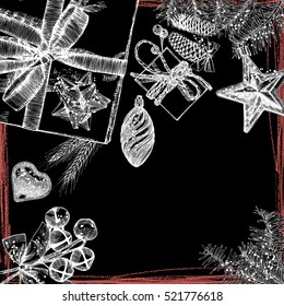 Holidays design template. Hand drawn Christmas and New Year mock up for invitation text. Black and white card. Vector.