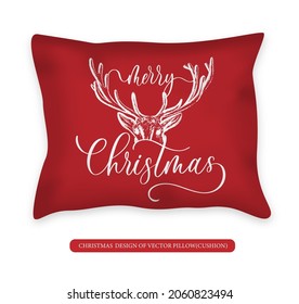 Holidays design of vector Pillow cushion with lettering and calligraphy Merry Christmas and deer. Decorative Throw Pillow design template