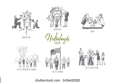 Holidays, easter, mother, father, animal protection, veterans and elderly people days concept sketch. Important annual events celebration, national and worldwide fest set. Isolated vector illustration