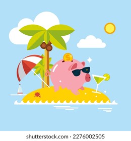 Holidays In Economic – Piggy Bank With Drink On The Palm Beach. Modern vector illustration in flat style