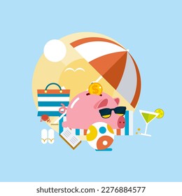 Holidays In Economic – Piggy Bank With Drink On The Palm Beach. Modern vector illustration in flat style