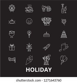 Holidays editable line icons vector set on black background. Holidays white outline illustrations, signs, symbols