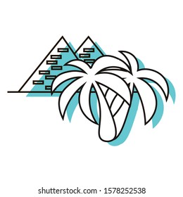 Holidays in Egypt. Pyramids and palm trees. Visiting a famous place. Design element. Vector illustration. Icon with shadow isolated on white background.