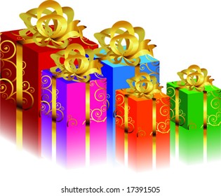 Holidays elements with  reflection Gift boxs. Festive background for your design. Varicoloured boxes with bow on a white background. VECTOR (See Jpeg Also In My Portfolio)