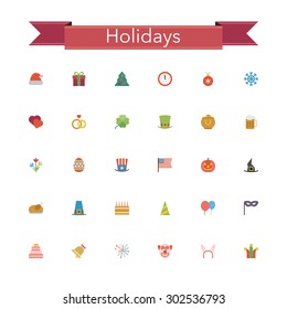 Holidays and events flat icons set. Vector illustration.