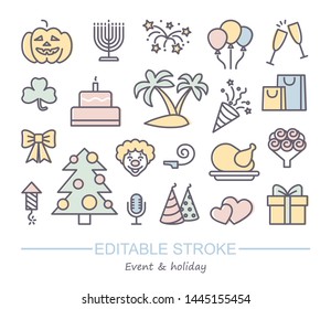 Holidays and events icon set. Collection of vector icons with editable stroke
