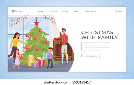 Holidays with family landing page template. Xmas celebration website homepage interface idea with flat vector illustrations. Family decorating fir tree, merry christmas web banner cartoon concept